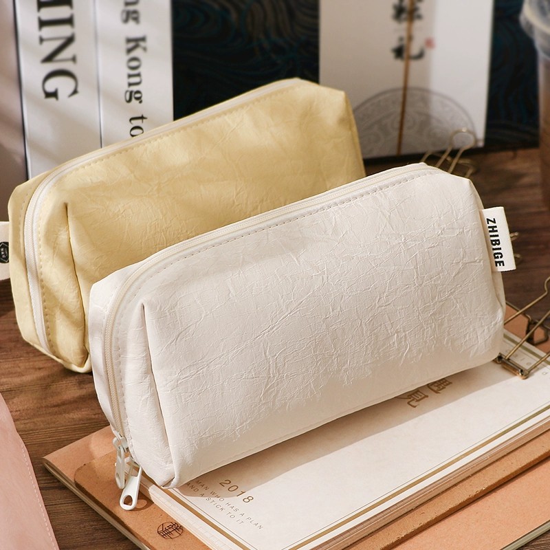 Aesthetic Large Pencil Case Pouch - กระเป๋าใส่ดินสอหนังครีมน่ารัก กันน้ำ ความจุขนาดใหญ่ กระเป๋าใส่อุปกรณ์เครื่องเขียน ดีไซน์น่ารัก สวยงาม