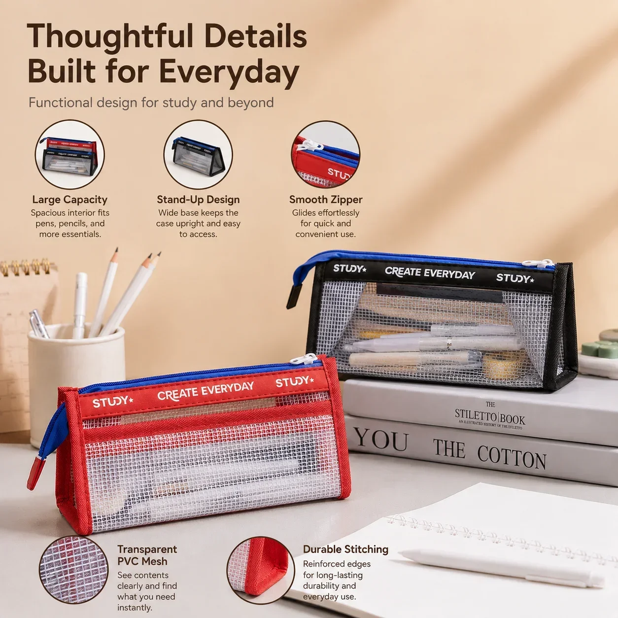 Aesthetic Large Pencil Case Pouch - กระเป๋าใส่ดินสอแบบใส ความจุขนาดใหญ่ สำหรับการสอบ กระเป๋าใส่ปากกาแบบตั้งได้ ดีไซน์สวยงามสำหรับนักเรียน