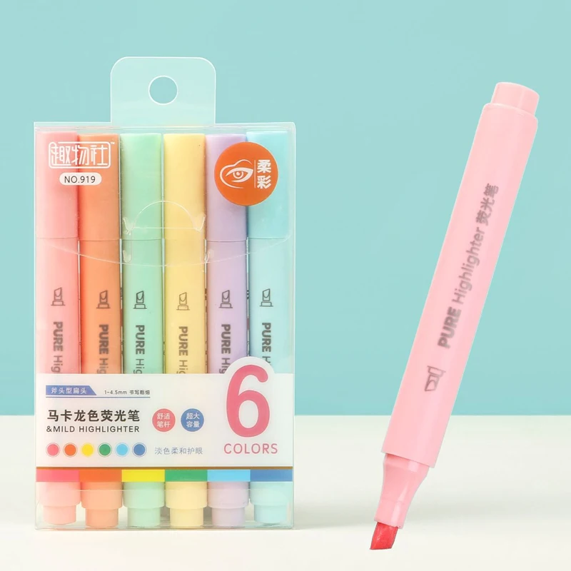 Pastel Highlighter Set Double Ended - ปากกาเน้นข้อความสีพาสเทล 6 ชิ้น - ชุดมาร์กเกอร์สีมาการอง, ปากกาวาดภาพเรืองแสงน่ารักสำหรับโรงเรียน,